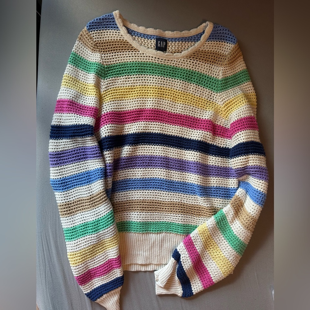 GAP Green and Pink Crew Neck Sweater with Stripes